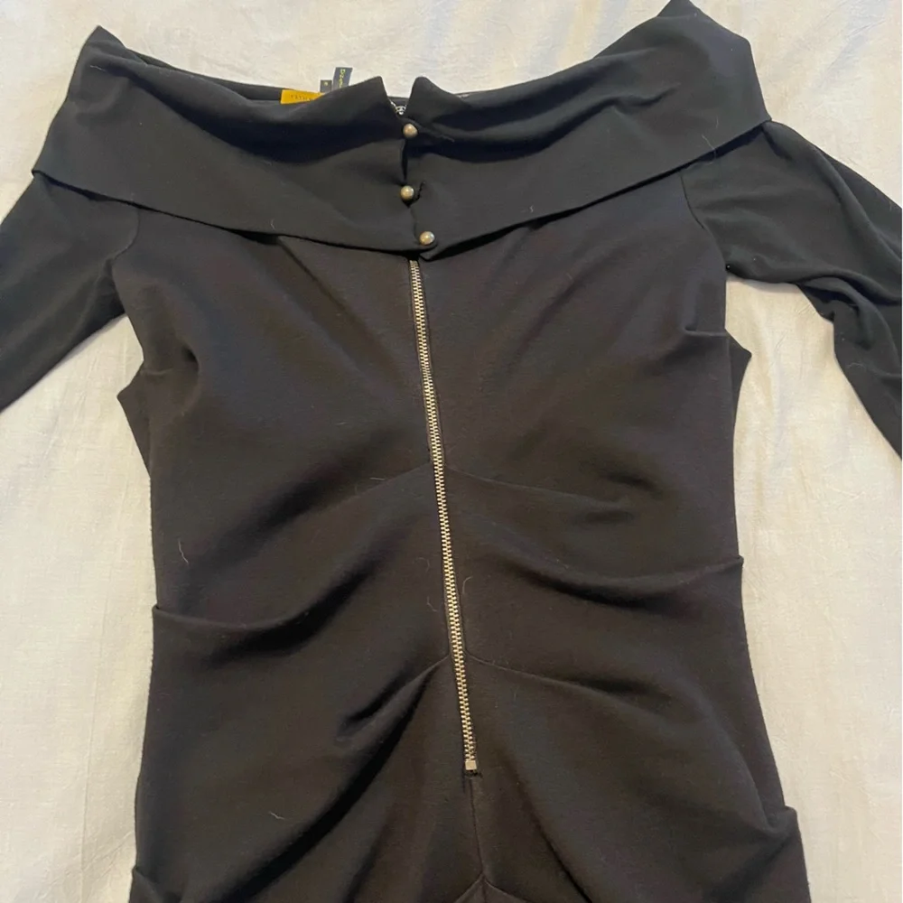 Nicole Miller Artelier Cali Ponte Dress Black Ruched Off-Shoulder Bodycon Med - Picture 6 of 14